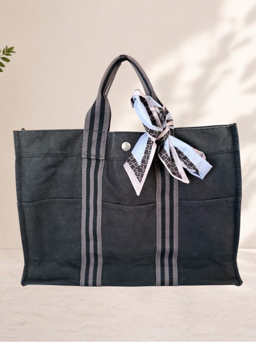 Authentic Hermes Canvas Tote Bag in Dark Gray with Striped Handles